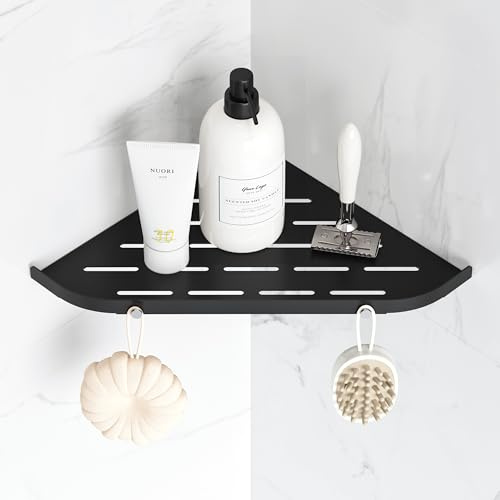 Neodrain Duschablage Edelstahl Eckregal Duschregal Badezimmer ohne Bohren mit 2 Haken für Shampoo Halter, Schwarz