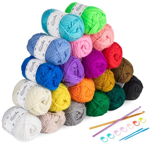 20 Farben Handstrickgarn, 600g (20x30g) 4-Fädig Handstrickgarn Acrylgarn Häkelgarn Set mit 2 Häkelnadeln+2 Nähnadeln+8 Markierungsschnallen Tragetasche Woll zum Häkeln und Kunsthandwerk