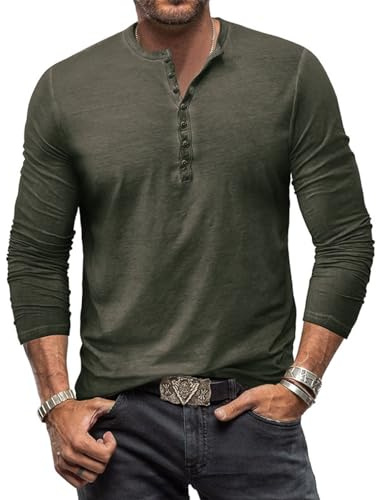 Henley t-shirts för män – långärmade toppar för män bomull vardaglig farfar vintage t-shirt M-3XL, Militärgrönt, 3XL