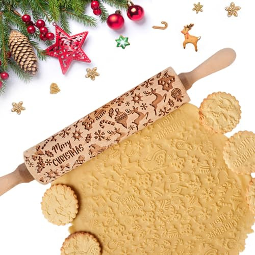 YIJEE Rouleau à pâtisserie gaufré de Noël - Avec motif 3D en bois - Pour enfants - Flocons de neige et élan - Accessoire de pâtisserie pour biscuits de Noël, biscuits, fondant - Cadeau idéal