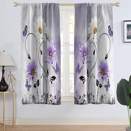 AAtter Cortina de Ventana Floral Morada, Lavanda, Lila, Flores rústicas, Mariposas, Margaritas Blancas, Hojas Negras abstractas, Sala de Estar, Dormitorio, Cortinas de Ventana, Tela de Tratamiento, 1