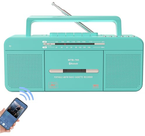 WTB-795 Retro Kassettenspieler mit USB/Bluetooth/AM/FM-Radio-Stereo, integriertem Mikrofonrecorder, Kassetten-zu-MP3-Konverter, Großer Lautsprecher, Kopfhöreranschluss, Tragbar (Grün)
