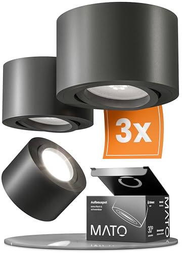 MATO 3x LED Spots Aufputz Schwarz - Extra Flach & Schwenkbar - Ø80x50mm - Aufbaustrahler Decke mit 5W Modul 230V - 4000K Neutralweiß - Deckenspots, Aufputz Deckenstrahler