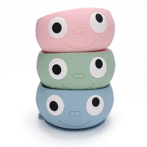YOUTALI Ensemble de 3 Bols Ventouse Pour Bébé en Silicone Alimentaire, Rose, Vert Et Bleu Avec Smiley, Pour Une diversification alimentaire bébé Sans BPA, Micro-Ondable Et Lave-Vaisselle