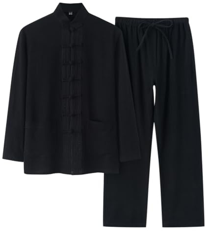 Oanviso Herren Leinenanzug Langarm Hemd und Hosen Set Traditionelle Kampfkunst Freizeitanzug Kung Fu Tai Chi Wushu Chinesische Zweiteiler Set Training Uniform Kleidung Baumwolle Anzug