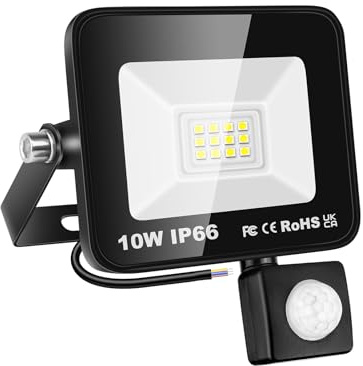 SKYWORLD Projecteur LED Exterieur,10W Projecteur Avec Détecteur de Mouvement 1 pièce,Blanc Froid LED Spot Extérieur avec Détecteur IP66 Etanche pour Jardin Cour Garage Usine