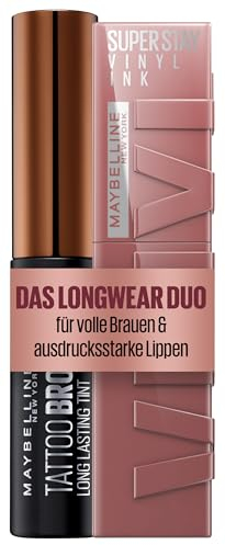 Bundle of Maybelline New York Super Stay Vinyl Ink, Nr. 35 Cheeky, 4,2 ml + Maybelline New York Tattoo Brow Gel Tint, Nr. 2 Medium Brown, 5 ml