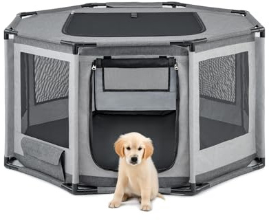 lionto Recinto per cani in tessuto Oxford, rete traspirante con cerniera e tasca laterale, recinto per cuccioli e gatti con struttura in tubi di PVC, gabbia ottagonale per cani, 112x112x62 cm, grigio