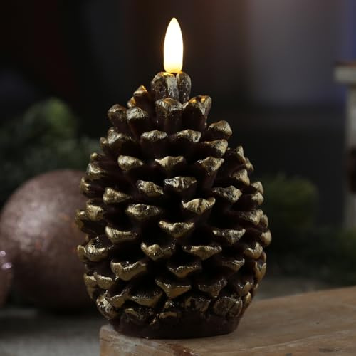MARELIDA LED Kerze Tannenzapfen Echtwachs Weihnachtskerze Weihnachtsdeko H: 13cm Timer Batteriebetrieb (Braun)
