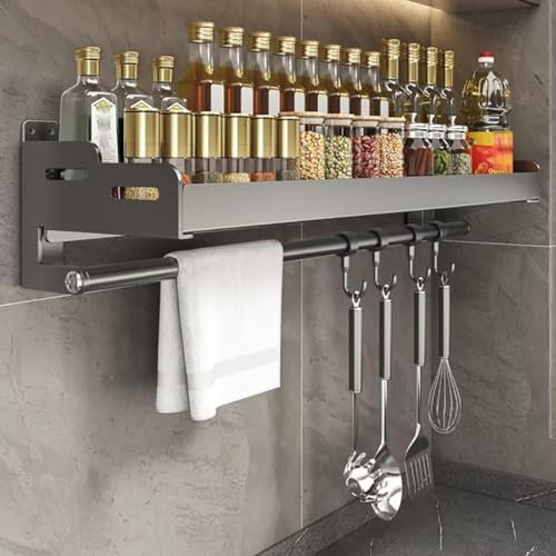 Küchenregal aus Edelstahl zur Wandmontage, mit Rollenhalter-Haken und Gewürzregal, kein Bohren erforderlich, Organizer zum Aufhängen von Gewürzen, Utensilien und Papierhandtüchern, 60 cm