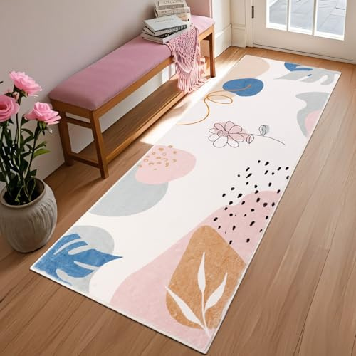 TUKDAK Tapis de couloir long et doux de style bohème pour entrée, couloir, antidérapant, motif botanique, pour salon, chambre à coucher, chambre d'enfant, cuisine, rose