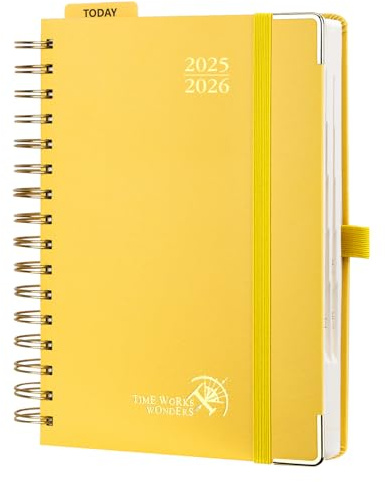 POPRUN Tagesplaner 2025 2026 Ringbuch mit Hardcover 21,5 x 14,5 cm, Tageskalender A5 1 Tag 1 Seite (Montag - Sonntag), Terminplaner (Aug.2025-Jul.2026) mit Plastiklineal - Hellgelb