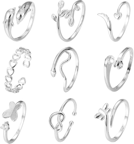 HTTDSLF 9 Pièces Bague Orteil, Bague Orteil pour Femmes Filles, Bagues D'orteil, Réglable Knuckle Ring, Bijoux de Pied, Bague Orteil Ensemble(Argent)