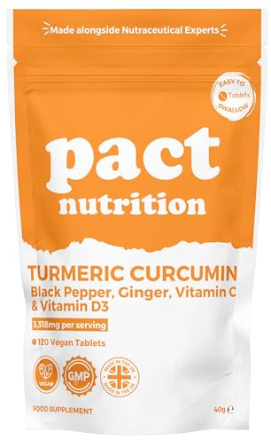 Pact Nutrition Turmeric Tablets 2000mg – High Strength with Black Pepper, Ginger, Vitamin D3 & C – 120 Vegan Tablets – Joint & Immune Support – UK Made