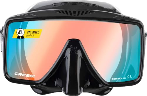 CRESSI dal 1946 SF1 & Dry Combo Set, Maschera Quadrata Frameless con Lente temperata + Snorkel Dry, Ideale per apnea e Snorkeling, Unisex, Nero/Blu/Arancione Lente UV, One Size