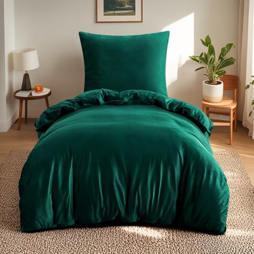 Aisbo Vinterplysch sängkläder 155 x 220 2 delar mörkgrön – fluffigt varmt påslakan och örngott 80 x 80 cm, teddy fleece sammet kashmir touch vintersängkläder med dragkedja
