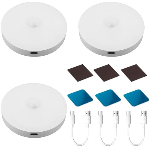 3 Pack White Motion Sensor Lights Indoor - USB Rechargeable LED Night Lights for Stairs,Closets,Bathrooms,Bedroom,Kitchens and Under Cabinets（ Energy Class A+++）