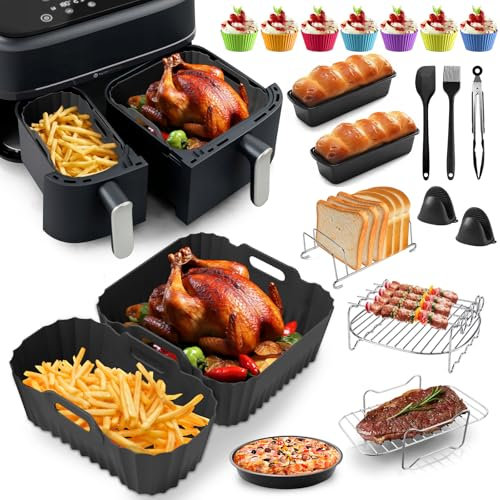 Hot Air Fryer Accessories for Philips Dual Basket 3000 Series NA350, 5000 Series NA550 3L/6L & Cookwise Dual Air Fryer 9L, 19 Pieces Airfryer Silicone Mould Accessory Set with Cooking Grate, Cake and