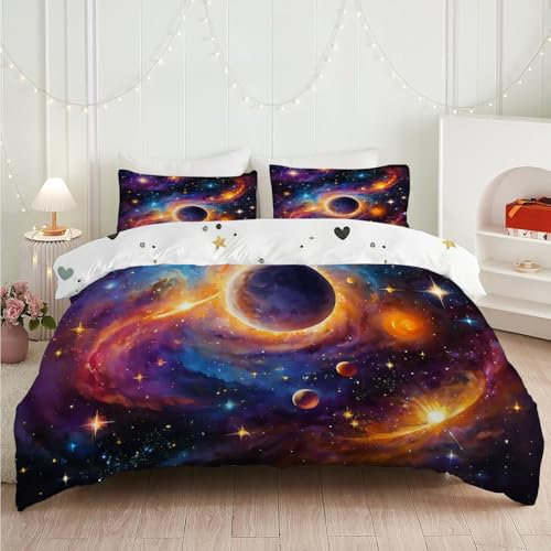 dyausi Universum Bettwäsche 135x200 Bunt, Astronomie Sonnensystem Planet Bettbezug 3 teilig, Wendebettwäsche Microfaser, Deckenbezug mit Reißverschluss und 1 Kissenbezug E205