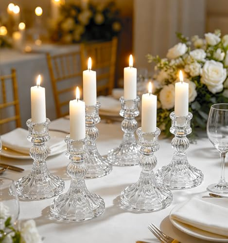 Kerzenhalter Glas, Klare Kerzenhalters für Kerzenständer, 10cm Hohe Gestreifte Kristall-Kerzenhalter, Dekorativer Candle Holder als Tischdekoration für Hochzeiten, Feste, Dinnerpartys, 6 Stück