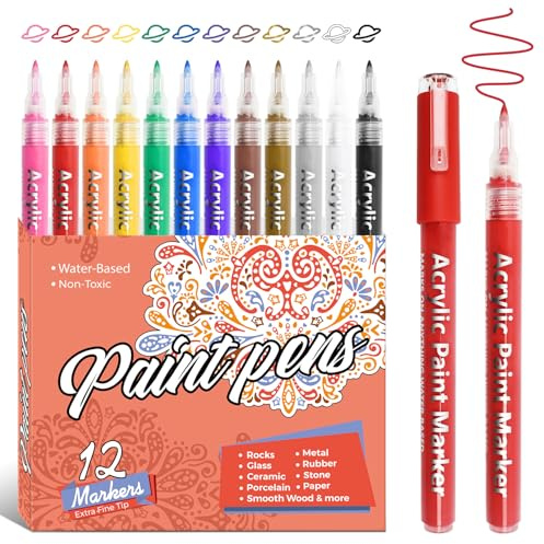 Alitastro Acrylic Paint Pens 12 Colors Waterproof Markers with Pen Clip Marker Pens Acrylic Pens for Rock Painting Stone Ceramic Metal Fabric Pebble Painting pens Craft Supplies (0.7mm Tip)
