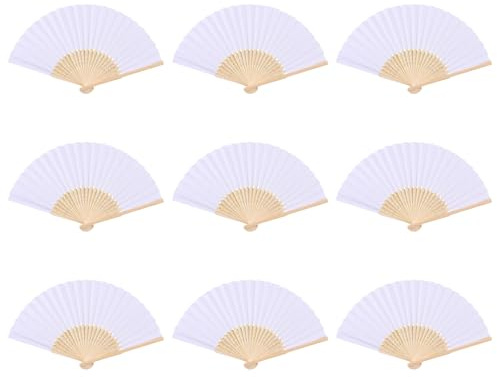 9Pcs Hand Fans Folding, DIY Bamboo Handmade Paper Fans, Folding Chinese Fan for Party Wedding Dancing DIY Home Decorations (White)