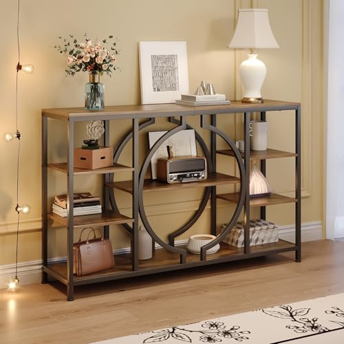 Tohomeor 120cm Industrielle Konsoletisch für Diele - Rustikale Sofatisch für hinter die Couch 4-stufiger Regal-Eingangstisch mit Stauraum für Flur, Eingangsbereich, Wohnzimmer (Braun)