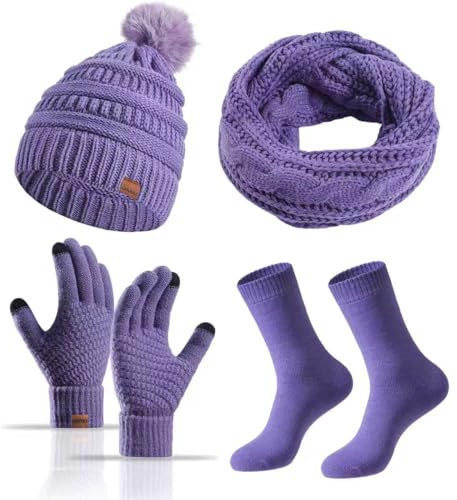 MAZELIKEHOOD Hat Scarf Gloves Set for Women 4Pcs Winter Ladies Warm Knitted Beanie Hat Gloves Socks Scarf Neck Warmer 4 in 1 Cold Weather Set