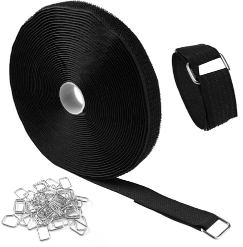 Sujetacables Reutilizables de 10m x 2cm con 50 Hebillas De Metal, Bridas Negras Ajustables para Gestión y Organizador de Cables, amarres al aire libre, Ataduras De Cable De Longitud De Corte Libre