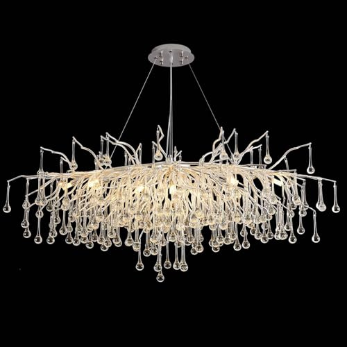 Leomix Moderner Baumzweig-Kristall-Kronleuchter – Rechteckig Mit Regentropfen, Große Hängeleuchte Für Hohe Decken, Kücheninseln, Esszimmer & Foyer – L120 cm,Silber