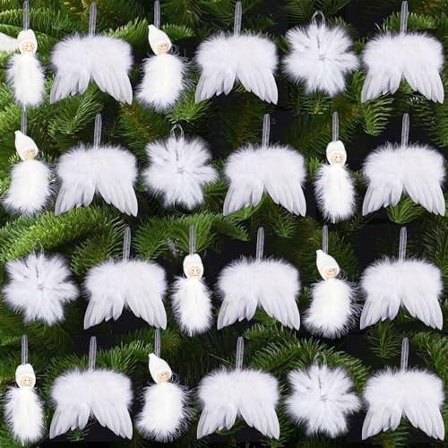 Forbabe 24 Stück Christbaumschmuck Weiß, Weihnachtsbaum Deko Weiß Engelsflügel Wichtel Schneeflocke Anhänger Baumschmuck Feder