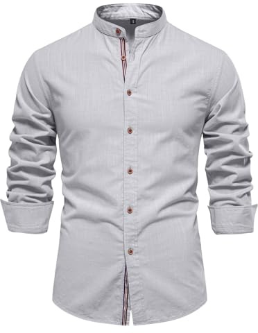 Generisch Trachtenhemd Herren Langarm Oktoberfest Outfit Weißes Hemd Herren Button Down Freizeithemd mit Stehkragen Casual XS-XXL