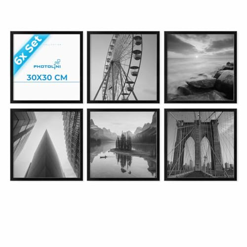 PHOTOLINI Bilderrahmen 30x30 Schwarz Holz MDF, 6er Set Bilderrahmen quadratisch 30x30, Foto Rahmen zum Aufhängen, Rahmen 30 x 30 mit Acrylglas & Zubehör - für Fotos & Poster