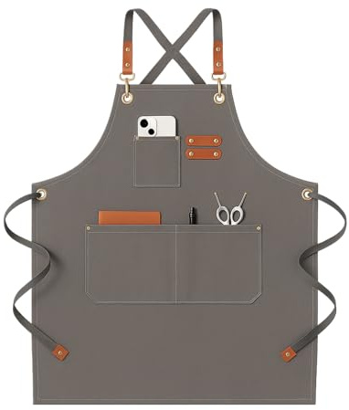 Robust förkläde för damer och herrar i segelduk – Justerbart med stor ficka, smutsavvisande. Perfekt för kök, grillning, målning, trädgårdsarbete och hantverk (Grå)