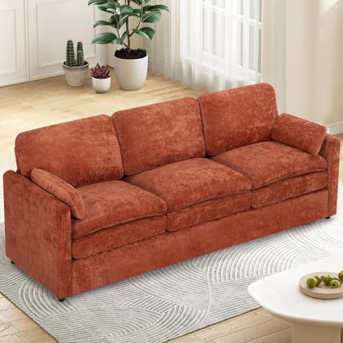 ACMEASE 89” Chenille Sofa w/Arm Pillows, Upholstered 3-Seater Sofa w/Comfortable Back Cushions, Modern 3 Seats Couch w/High-Density Foam for Living Room, Apartment, Office, Orange