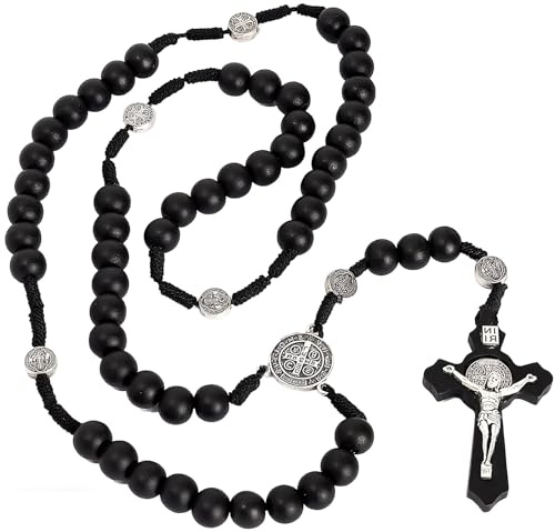 Azushwer Rosary Beads Necklace, Natural Wood Catholic Cross Necklace | Pine Wood Beads, Zinc Alloy, Beads 10mm, for Christians Religious Communion Baptism Mass Bible