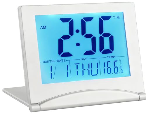 Lyai LCD Digital Travel Clock, Foldable Desktop Alarm Clock with Backlight, Date Day and Temperature Display Snooze, Small Portable Battery Powered Desktop Alarm Clock For Bedroom, Office