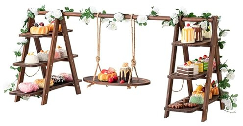 Wooden Cupcake Stand, 3 Tier Cupcake Display Stand with Swing and Flower, Foldable Stand for Snack Fruit Chips Bread, Dessert Table Display Set for Party, Birthday, Wedding, Events, Baby Shower