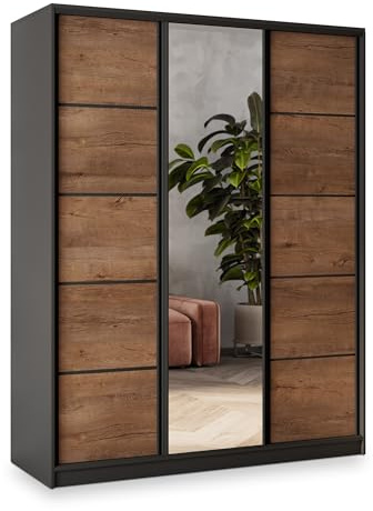 Masseno Schiebetürenschrank NATA 150/205/58 cm Kleiderschrank mit 4 Schubladen Schlafzimmer Schrank 3-türig mit Spiegel Schwarz/Eiche Lefkas