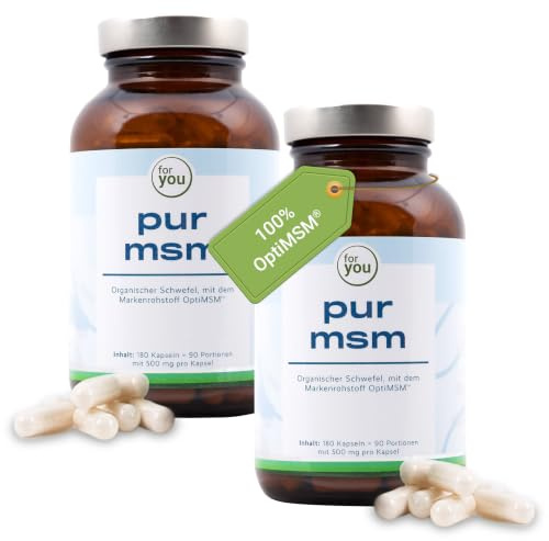 for you pur MSM OptiMSM® Methylsulfonylmethan Doppelpack - 100% reines MSM-Pulver - 1000mg OPTI-MSM® je Tagesdosis - 2x180 vegane Kapseln (für 3 Monate) - Opti-MSM-Kapseln mit organischem Schwefel