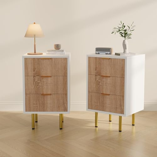 Juego de 2 mesitas de noche blancas con 3 cajones, cómoda de noche con asas de metal, patas doradas, mesa auxiliar moderna, mesa auxiliar para sofá, mesita de noche de madera, para cama con somier