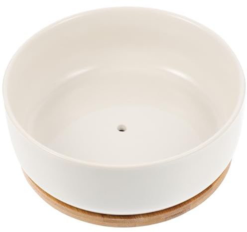 Veemoon Pot de Fleurs en Céramique Blanc avec Soucoupe en Bambou Pot Rond pour Plantes Succulentes et Cactus, pour Balcon et Intérieur