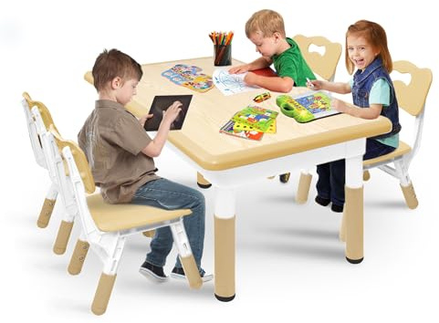 YEATHOR Kids Table and 4 Chairs Set, HDPE Plastic Children's Furniture with Height Adjustable, Toddler Table Set for Classroom, Nursery and Home, Easy to Clean, 120 x 60 cm, Wood Colour