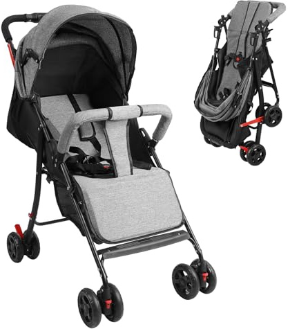 Resebarnvagn, hopfällbar kompakt barnvagn, lätt spövagn, 4,2 kg, enhandsvikning, justerbart ryggstöd, 5-punkts sele, justerbar konsol, förvaringskorg, 0–2 år, 10 kg (grå)