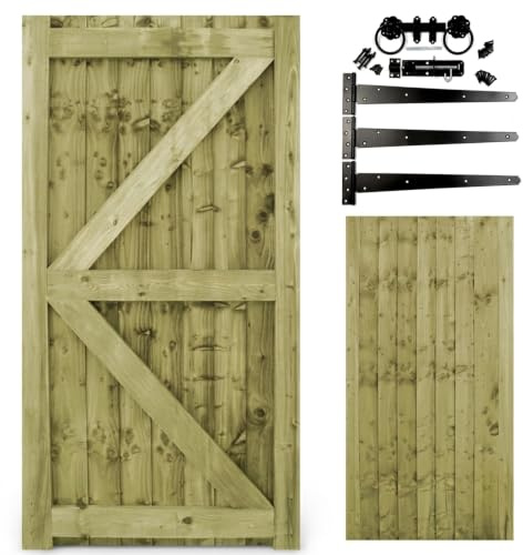 Wooden Featheredge Garden Gate, Pressure Treated, 180cm High x 90cm Wide x 4.5cm Deep, Brown, Contemporary Garden Style, Wood Material (180cm High x 83cm Wide x 4.5cm Deep, With Black Hardware Kit)
