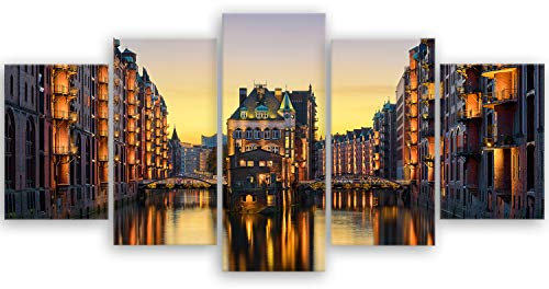 ge Bildet Bild auf Leinwand | Wasserschloss in der Speicherstadt - Hamburg D in 100x50 cm mehrteilig als Wandbild | Wand-deko Dekoration Wohnung modern Bilder | 2210