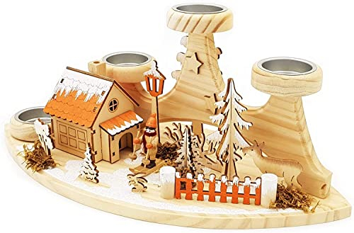 Wichtelstube-Kollektion Adventskranz Teelichthalter Einkehr Waldhütte mit Räucherhäuschen Räuchermännchen echte Holzkunst