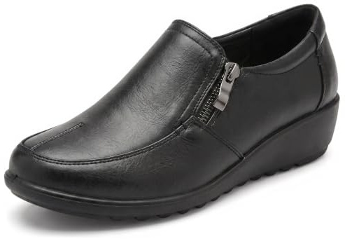 Cushion Walk Women's Black Wide Fit EEE Shoes Ladies Lightweight Faux Leather Slip-on Flat Zip Shoes, Flats, Casual Work Office Comfort (4 UK, Black)