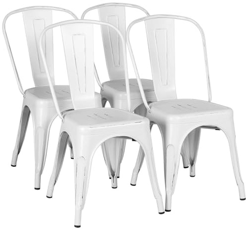 Yaheetech Metal Dining Chairs Set of 4, Industrial Stackable Kitchen Chairs with Back for Dining Room/Restaurant/Bistro/Patio, Indoor & Outdoor Use, Distressed White