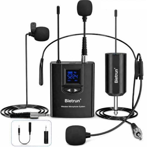 Bietrun UHF Wireless Lavalier Lapel Microphone System/Headset Mic/Stand Mic, 165ft Range, Rechargeable Transmitter Receiver, 1/4 Output, for iPhone,Android,PA Speaker,DSLR Camera,YouTube, Recording